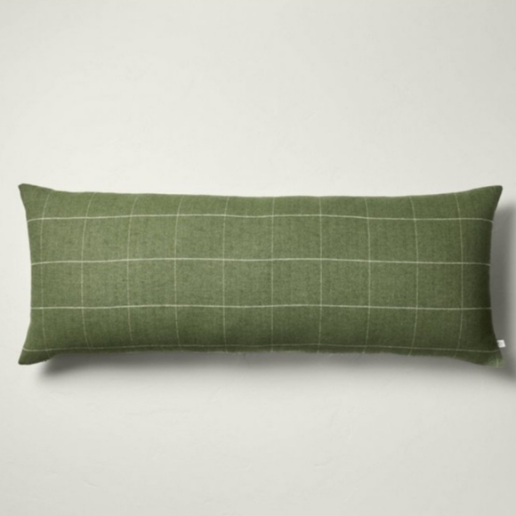 Hearth & Hand Plaid Oblong Lumbar Bed Pillow in Green/Cream 14×36 - Picture 2 of 13